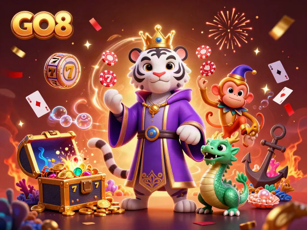 Experience the thrills of GO8 casino with vibrant characters, dynamic gaming elements, and golden treasures.