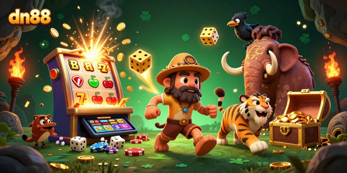 Win big at dn88 with this vibrant 3D illustration of a prehistoric casino featuring energetic characters and exciting gaming elements.