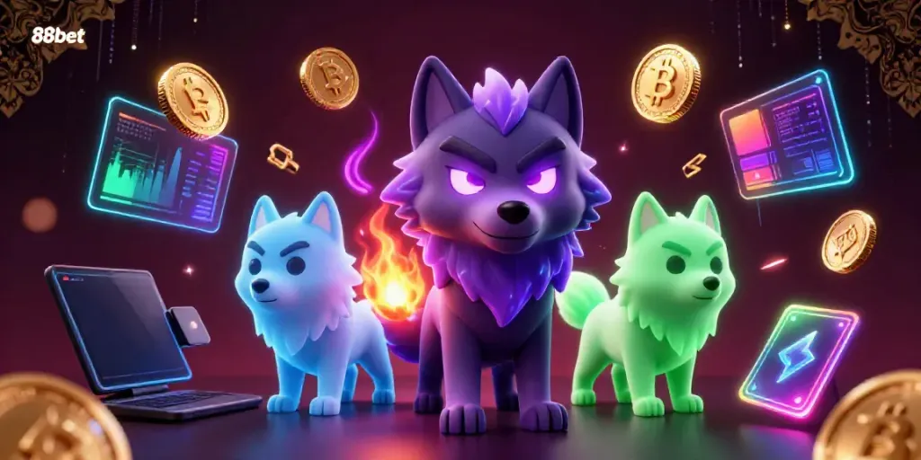 Engage with vibrant 88bet online casino artwork featuring wolf characters and crypto elements.