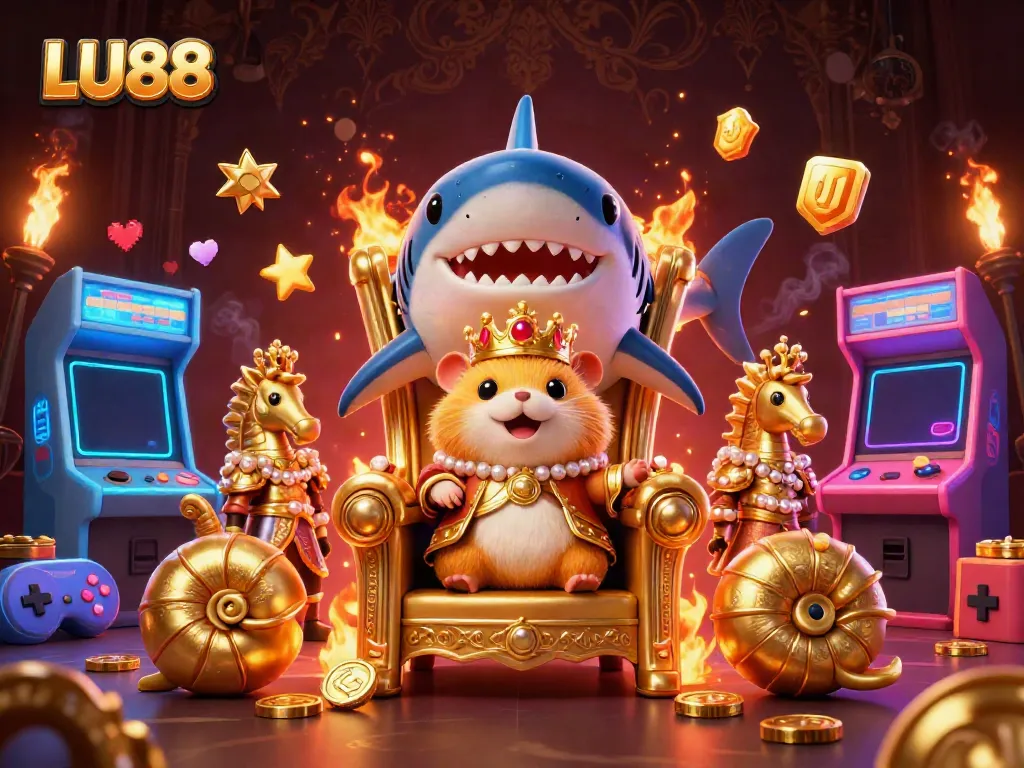 Experience the thrilling LU88 gaming adventure with a golden hamster king and vibrant arcade elements.