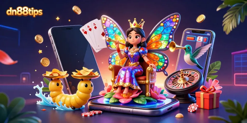 Engage with dynamic gaming at dn88tips featuring vibrant casino elements, slot games, and lively characters.