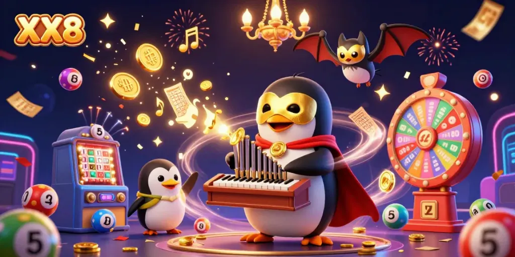 Engage with the thrilling world of XX8, where a cartoon penguin plays music and golden coins rain down in a vibrant casino atmosphere.