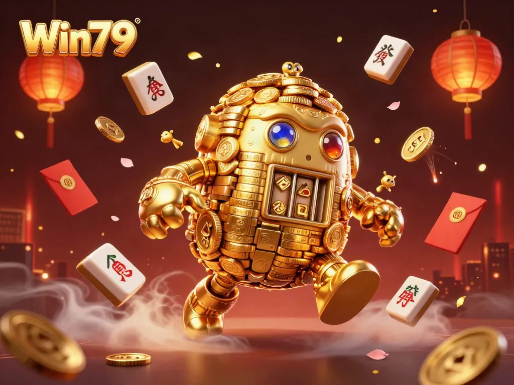 Experience the vibrant world of Win79 with a golden golem and casino elements in a dynamic scene.