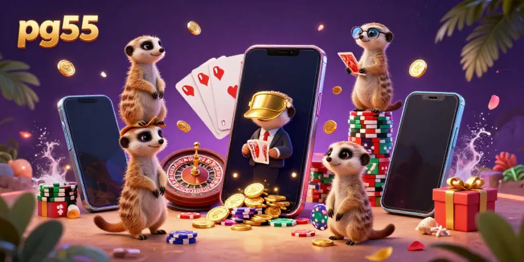 Engage in casino fun with pg55 where meerkats manage games and chips in an exciting atmosphere.