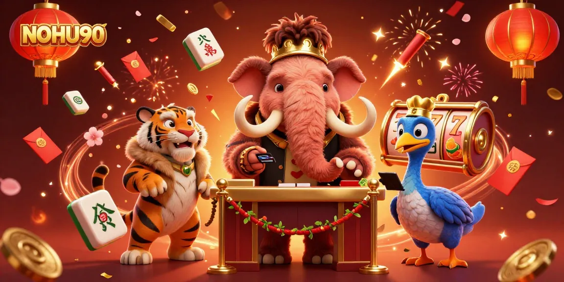 Engage with NOHU90 at a vibrant casino featuring animated characters in a lively atmosphere.