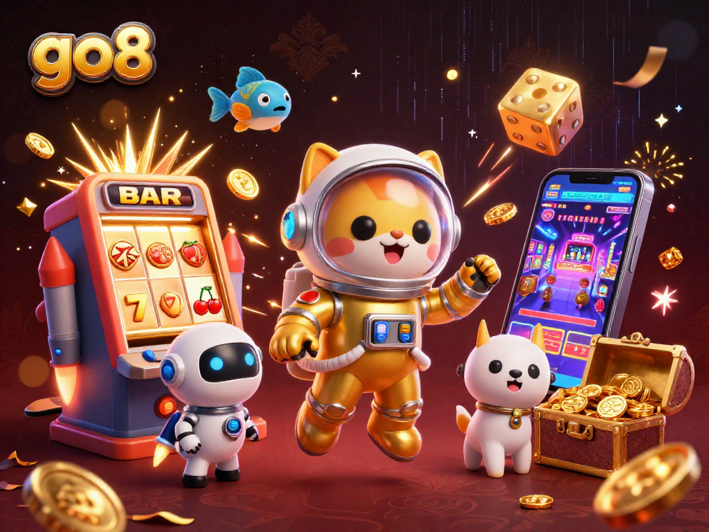 Experience thrilling gaming at go8 with a vibrant 3D illustration featuring casino elements.