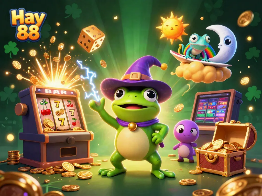 Experience Hay 88's vibrant casino world with a golden coin storm and lively characters.