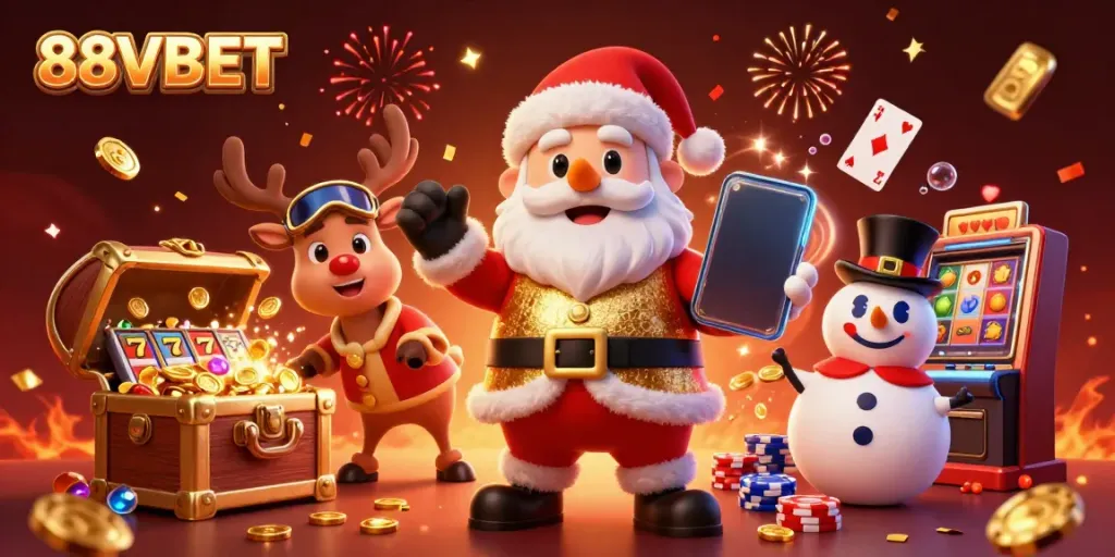Engage with 88VBET's fun 3D illustration featuring Santa and friends in a vibrant casino scene.