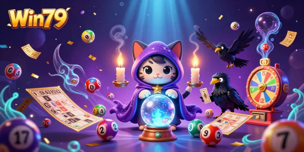 Join the excitement of Win79 with a mystical scene showcasing a fortune teller cat, glowing raven, and vibrant casino elements.