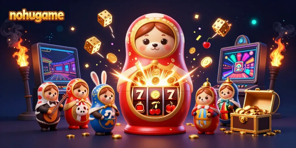 Experience the excitement of nohugame with vibrant casino characters and elements bursting from a jackpot!