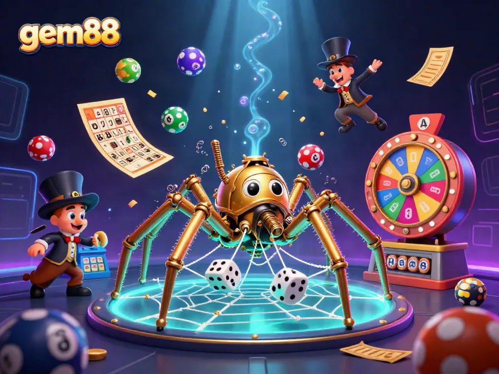 Experience gem88 as a steampunk spider catches dice in a vibrant casino-themed illustration.