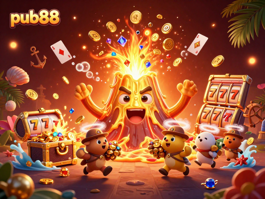 Engage with the the vibrant pub88 casino scene showcasing a golden volcano erupting treasures.