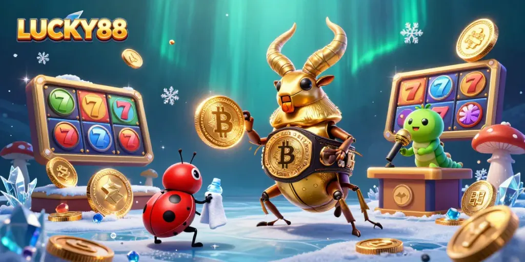 Spin to win with LUCKY88 in a vibrant casino scene featuring colorful slot reels and dynamic characters.