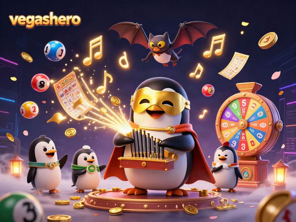 Engage with vegashero at this vibrant 3D casino scene illustrating a penguin playing a winning organ.