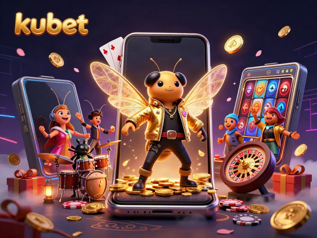 Experience the excitement of kubet with a lively rock star cicada and vibrant casino elements.
