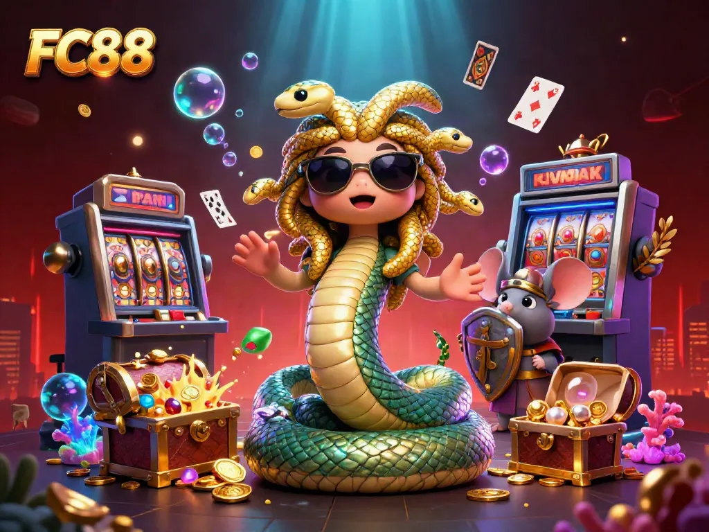 Experience thrilling gameplay at FC88 with friendly Medusa, a warrior mouse, and dynamic casino elements.