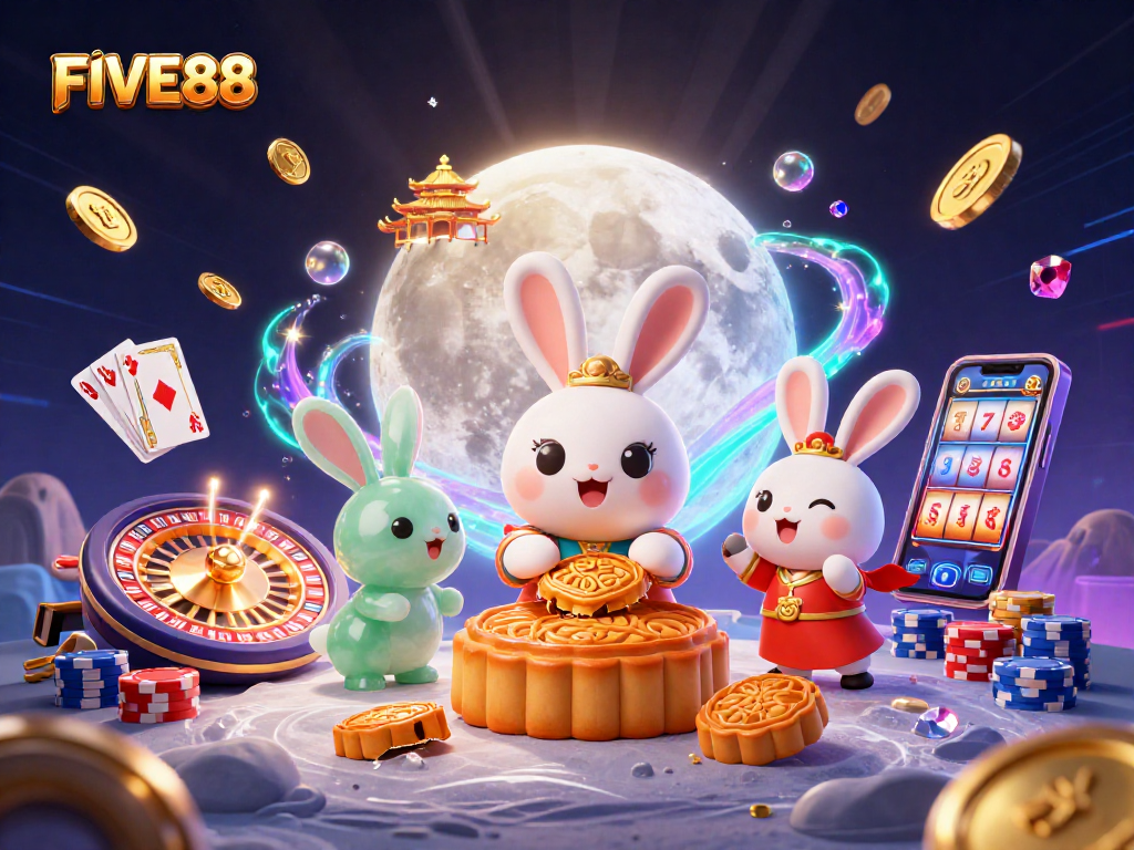 Engage with FIVE88's thrilling casino adventure featuring the moon rabbit amidst magical poker elements.