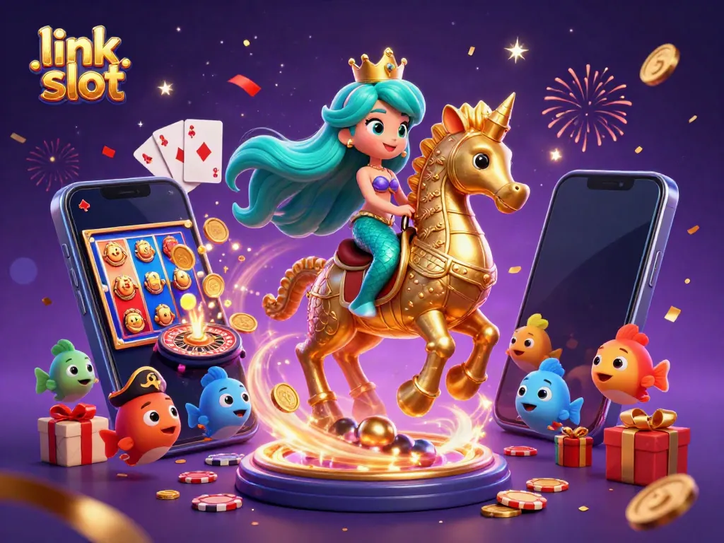 Engaging mermaid princess and giant seahorse in a vibrant casino scene featuring link slot elements.