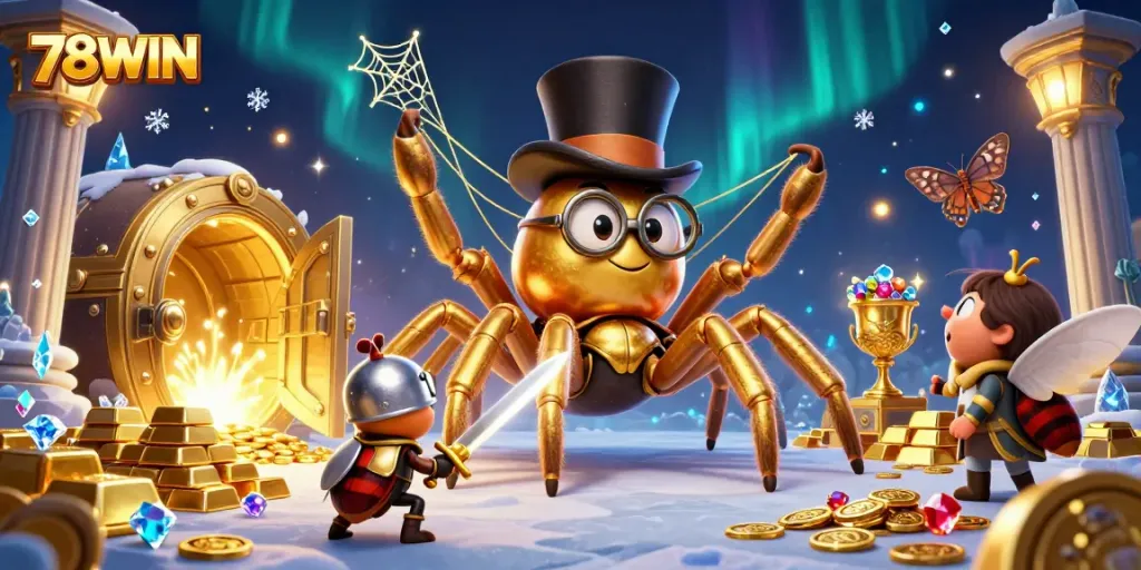 Engage in thrilling gaming with 78WIN showcasing a vibrant casino scene featuring a giant golden tarantula.