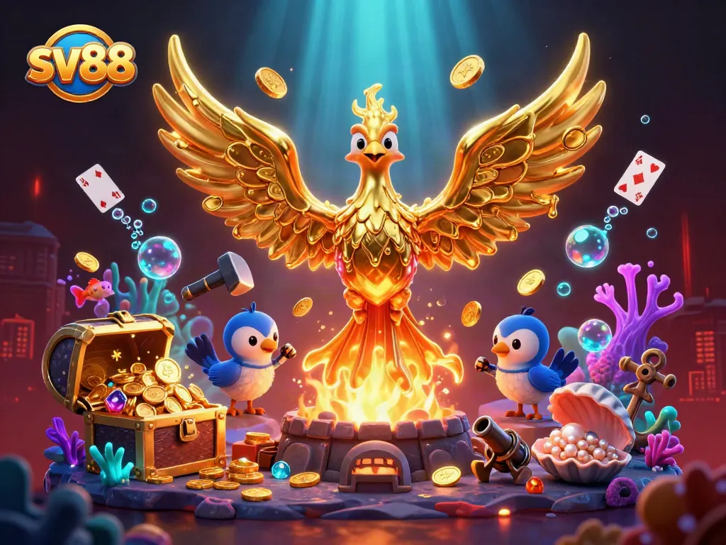 Engage in thrilling gameplay at sv88 with a dynamic golden phoenix and casino elements.