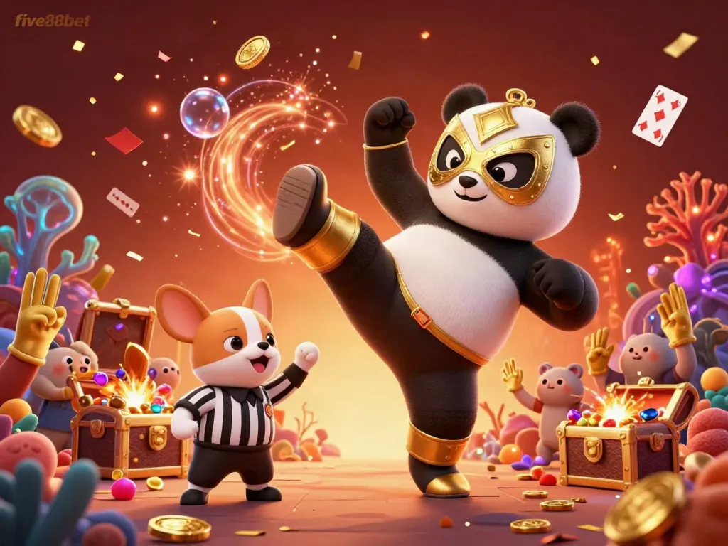 Experience thrilling action at five88bet with a panda wrestler kicking in a vibrant casino scene.