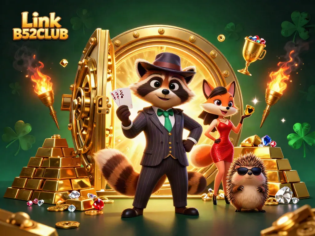 Experience the excitement of Link B52CLUB with a raccoon dealer and vibrant casino elements.
