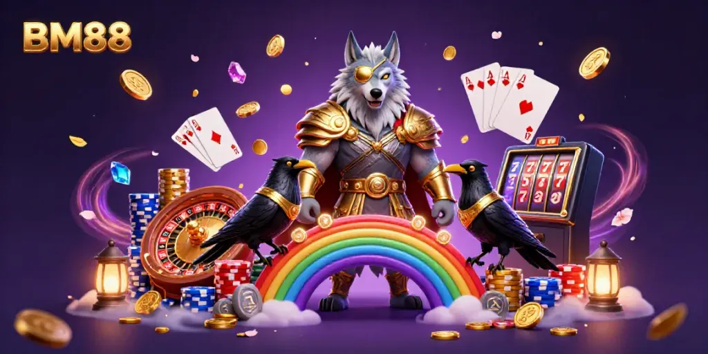 Experience thrilling fortune with BM88's Norse-inspired gaming illustration, rich in vibrant casino visuals.