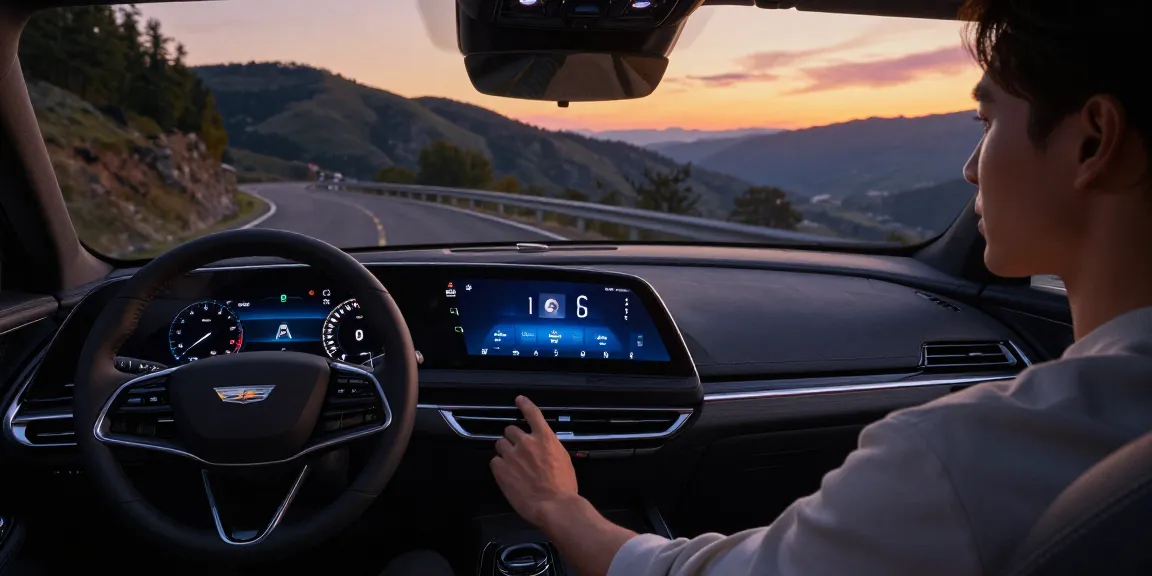 Driver exploring how do the driving modes in Cadillac Lyriq offer different ranges or battery usages on a scenic road.