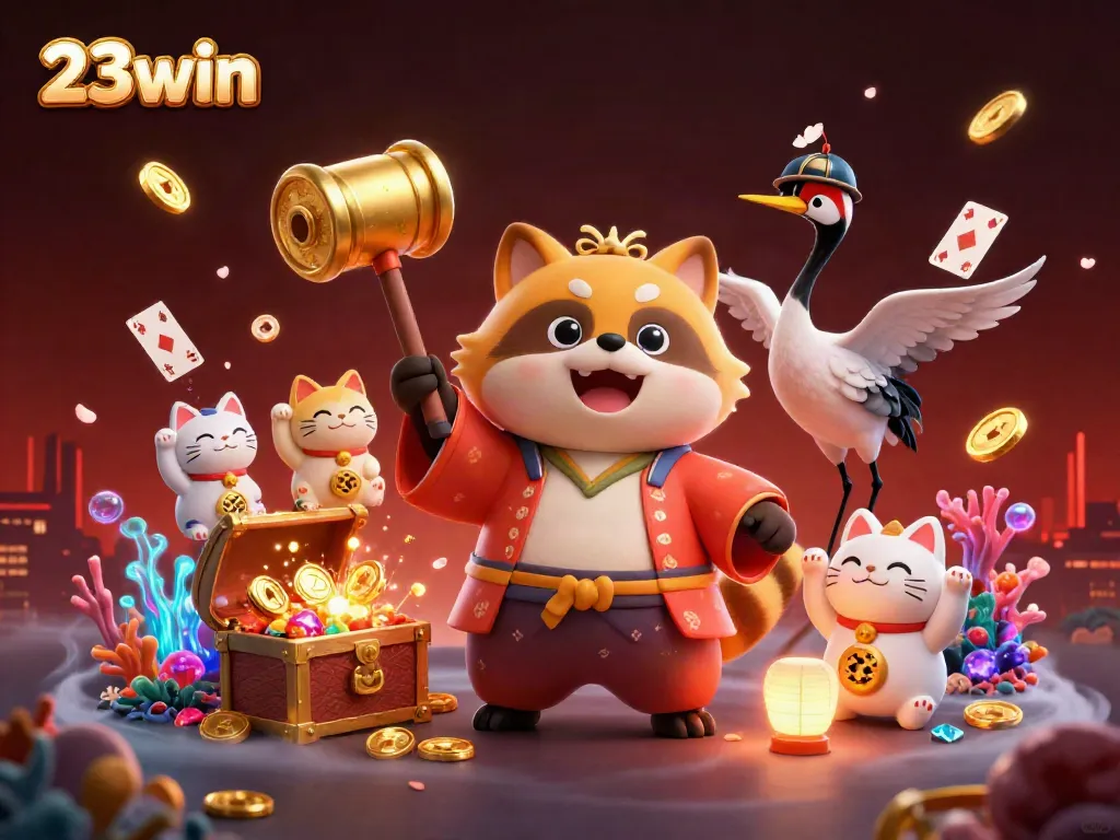 Experience the vibrant world of 23win with lucky tanuki and engaging characters in a lively casino scene.
