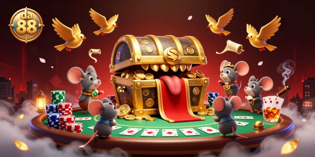 Spin the reels for fortune at da 88 casino with festive characters and vibrant poker action.