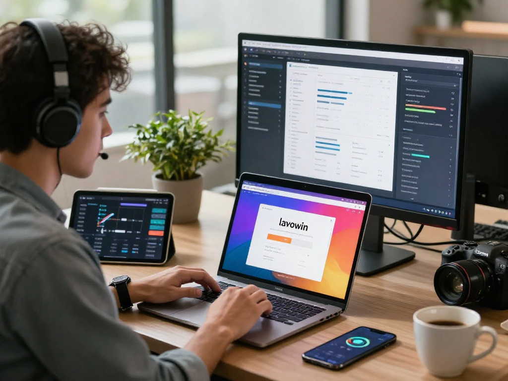 User focused on lavowin login screen in a modern tech workspace, surrounded by gadgets and greenery.