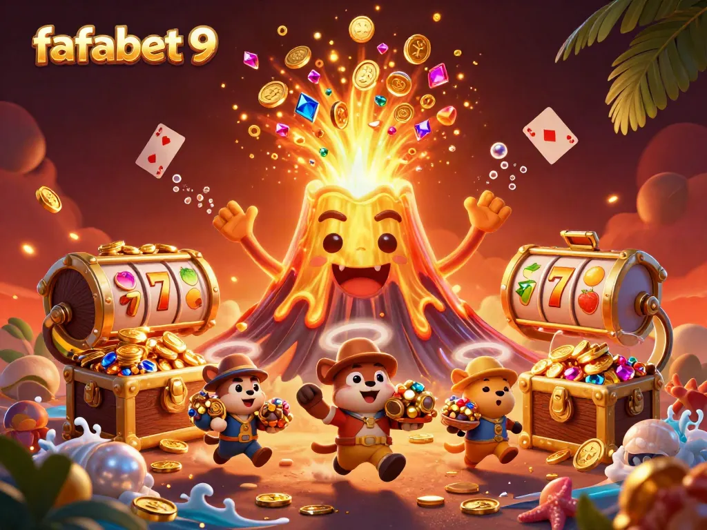 Experience the thrilling excitement of fafabet 9 with a dynamic casino-themed illustration featuring a triumphant volcano and treasure-filled fun.