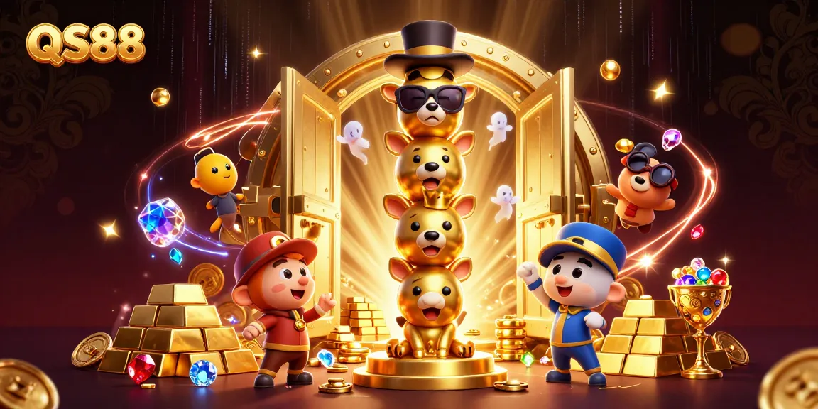 Engage with QS88 as the golden totem pole showcases casino accessories amidst shining treasures.