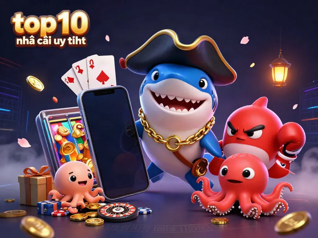 Engage with the top 10 nhà cái uy tín represented by lively cartoon characters in a vibrant casino scene.