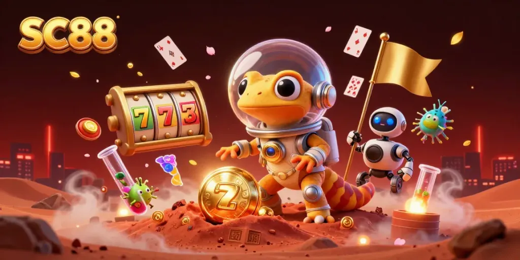Engaging SC88 casino scene with a Martian gecko discovering a golden casino alongside vibrant slot elements