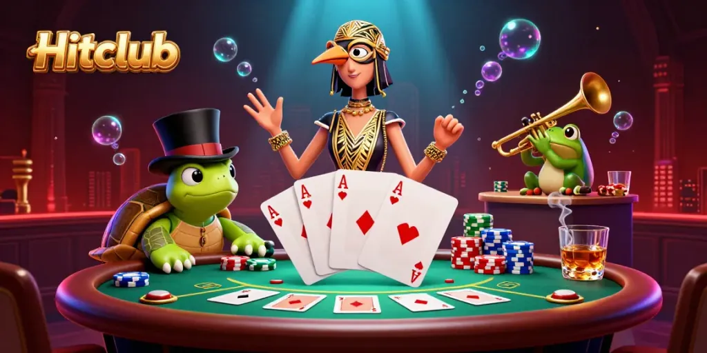 Experience the excitement of Hitclub with a vibrant illustration featuring lively cartoon characters at a casino atmosphere.