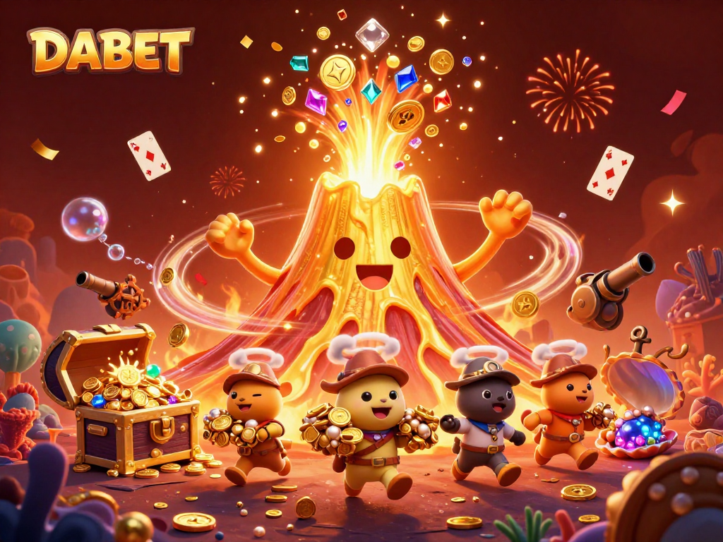 DABET players celebrate wins as the golden volcano erupts with coins and gems in an exciting online casino scene.