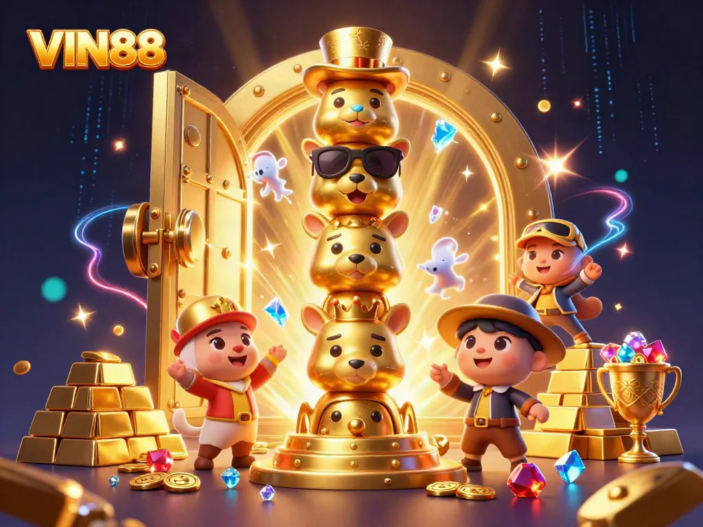 Experience exciting gameplay at VIN88 with a vibrant 3D illustration of casino elements.