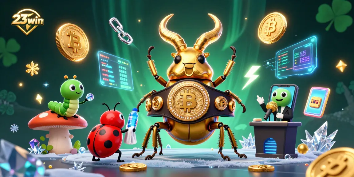 Engage with 23win's thrilling crypto casino scene featuring a boxing beetle and vibrant gaming elements.
