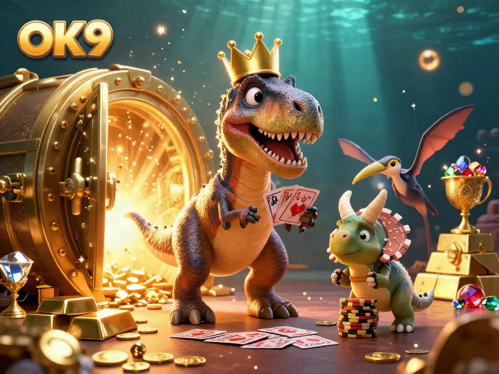 Experience the excitement of winning at OK9 with friendly dinosaur characters in a vibrant casino scene filled with treasures.
