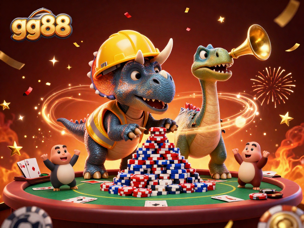 Play poker to win at gg88 with fun cartoon characters celebrating victory in a vibrant casino scene.