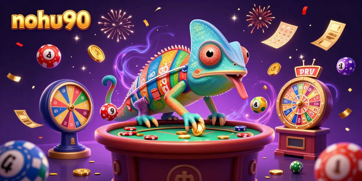 Nohu90 showcases a vibrant casino scene with a chameleon owner, lottery elements, and celebratory effects.