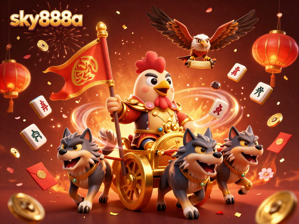 Experience thrilling adventures with sky888a as a rooster warlord commands the fortune in a vibrant casino scene.