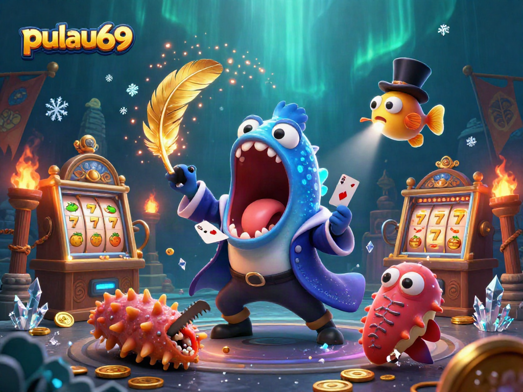 Engage with pulau69 in a vibrant, underwater casino scene with magical elements.