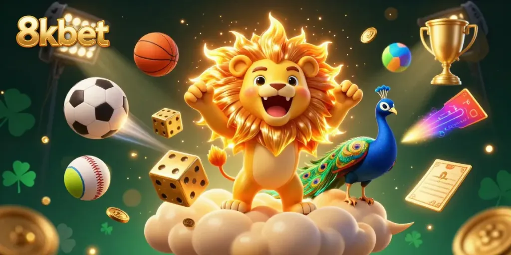 Experience thrilling action at 8xbet with a vibrant 3D illustration of a triumphant sun lion and dynamic casino elements.