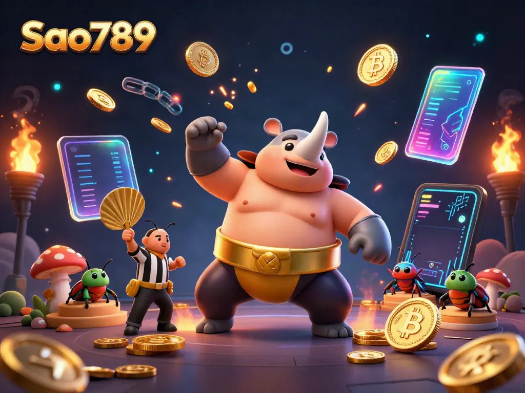 Sao789 offers thrilling gameplay with a 3D cartoon rhinoceros beetle sumo champion, crypto coins, and vibrant casino elements.