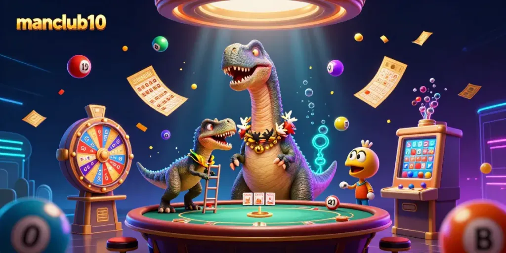 Experience thrilling gambling action with manclub10's cartoon brontosaurus and clever raptor in a lively casino.