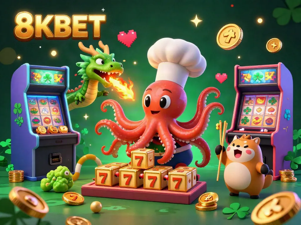 Experience the thrill of slots at 8KBET with a vibrant 3D scene featuring an octopus chef, dragon, and tanuki.