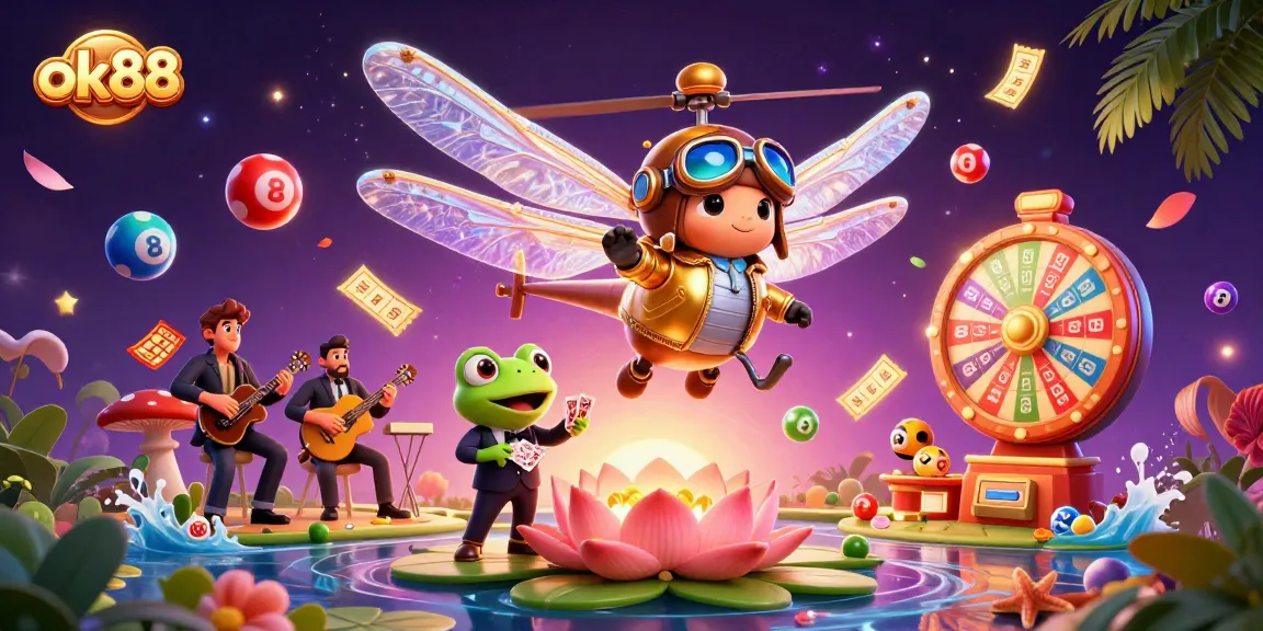 ok88 offers exciting gameplay with a lively dragonfly pilot and frog dealer in a casino scene.