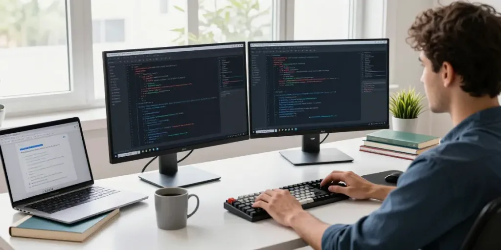 Developer integrating OpenAI-compatible API for multiple models in a vibrant workspace.